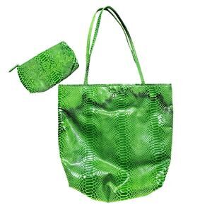Carlos Falchi Green Snakeskin Tote Set Floral Lining Matching Zip Pouch Handbag